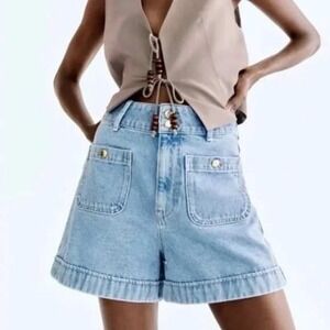 ZARA High Waisted Wide Leg Denim Shorts Blue Gold Buttons Vintage Style Womens 6